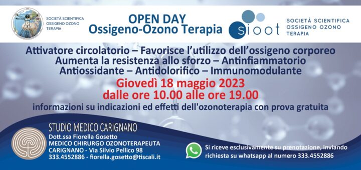 Ossigeno-Ozono terapia Open Day giovedì 18 maggio allo Studio Medico Carignano della dottoressa Fiorella Gosetto